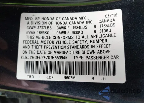 2018 Honda Civic Ex z USA, uszkodzony, nr VIN 2HGFC2F70JH550945